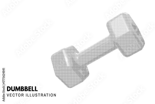 Halftone dumbbell dots style icon. Fitness dumbbell. Sport equipment for exercise with weights, workout. Vector illustration. Circle halftone shape dumbbell