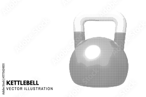 Halftone kettlebell dots style icon. Fitness kettlebell. Sport equipment for exercise with weights, workout. Vector illustration. Circle halftone shape kettlebell