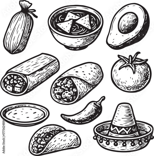Hand-drawn Mexican Food Set Vintage