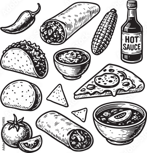 Hand-drawn Mexican Food Set Vintage