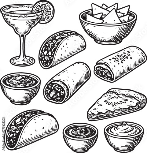 Hand-drawn Mexican Food Set Vintage