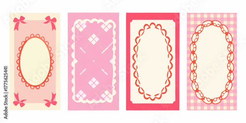 Collection of four decorative pink and cream frames with cute bows and scalloped edges