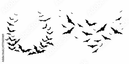 A swarm of black bats flying in a chaotic pattern against a white background