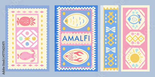 Charming hand drawn illustrations of marine life and sun motifs in a colorful amalfi coast style