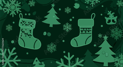 Festive christmas stockings and trees in green design