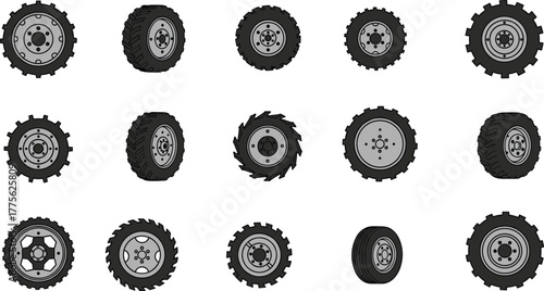 Tire collection illustration, various tread patterns, vehicle wheels, off-road and road tires, black and white design, automotive engineering concept