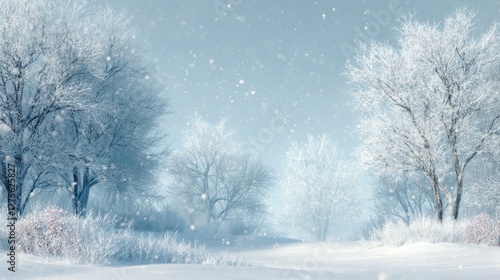 Snow-covered trees and gentle snowfall under a pale blue sky create a peaceful and enchanting winter scene.