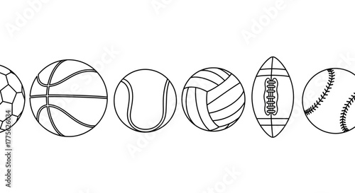 Sport Balls Line Art Soccer Basketball Tennis Volleyball Football Baseball Vector Set
