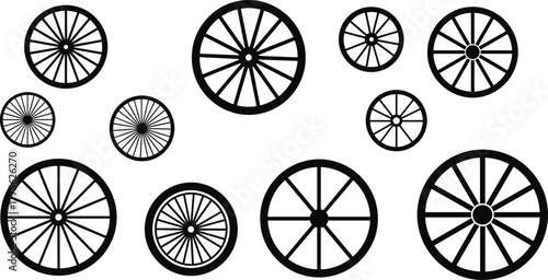 Wagon wheel collection, black silhouette design, spoke variations, circular rim pattern, mechanical symmetry, vintage style, engineering concept, white background illustration