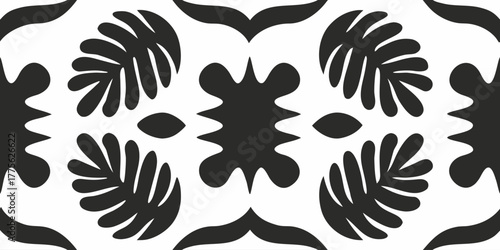 Bold botanical repeat pattern in black and white, perfect for textiles and home decor, a modern, striking design with organic flair