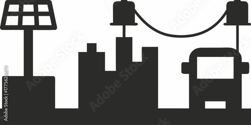 Modern city skyline with electric bus charging from overhead power lines powered by solar panel, ideal for clean energy and sustainable urban living concepts