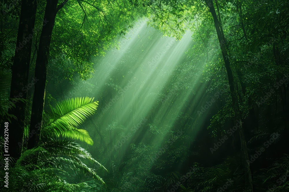 Obraz premium Sunlight Filters Through Lush Green Jungle Canopy Creating Ethereal Atmosphere in Dense Tropical Forest Environment