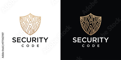 Shield logo design template with wood pattern in modern line art.