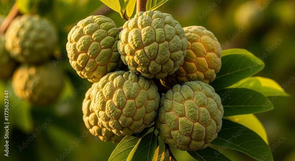 Fototapeta premium Exquisite Tropical Annona Fruit Cluster Hanging on Branch with Textured Skin