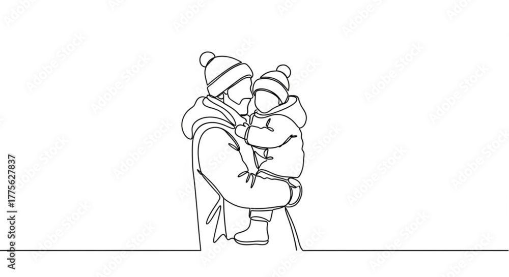 Fototapeta premium Father holding child in winter coats while embracing outdoors 