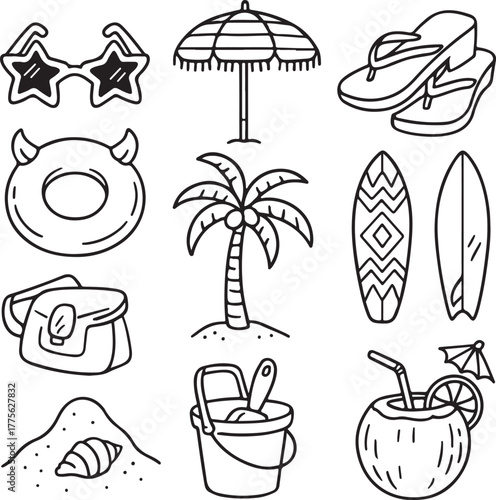 Hand-drawn Summer and Beach Set Vintage
