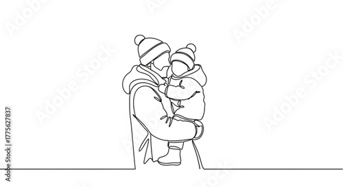 Father holding child in winter coats while embracing outdoors  