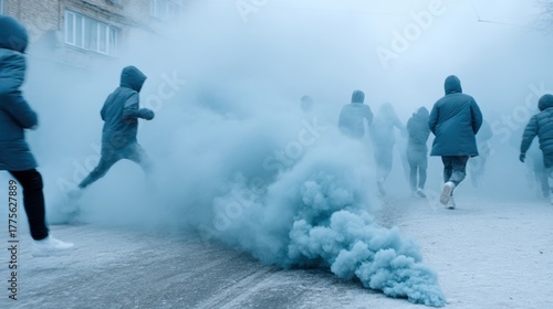 People Run through Streets Filled with Blue Smoke, Representing Chaos and Social Challenges