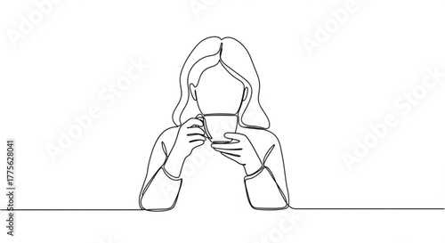 Woman holding a cup of tea in minimalist line art style  