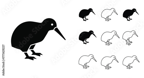 Illustrations of various kiwi bird depictions in black and white tones