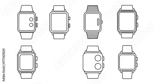 Line art illustration displaying different styles of smartwatches and watch faces
