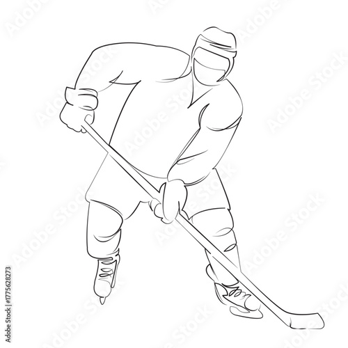 One continuous line drawing on white isolated background. Minimalism linear illustration. skate, man, sport, game, hockey, player, person, stick, ice, puck