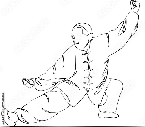 One continuous line drawing on white isolated background. Minimalism linear illustration. man, qigong, person, exercise, health, physical exercise, meditation, practice, training, lifestyle