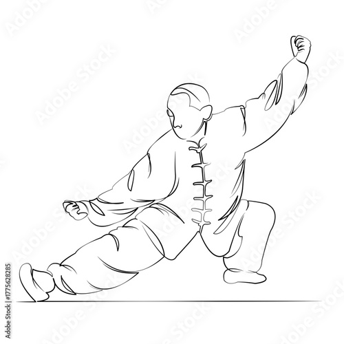 One continuous line drawing on white isolated background. Minimalism linear illustration. man, qigong, person, exercise, health, physical exercise, meditation, practice, training, lifestyle