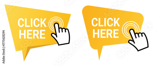 Click here speech bubble with hand cursor vector illustration