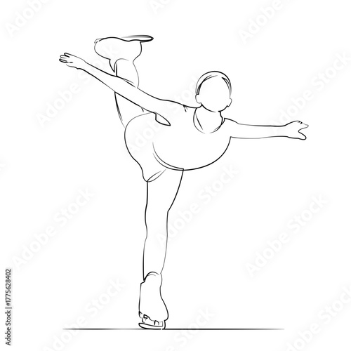 One continuous line drawing on white isolated background. Minimalism linear illustration. person, skate, competition, dance, sport, ice, skater, professional, woman, girl