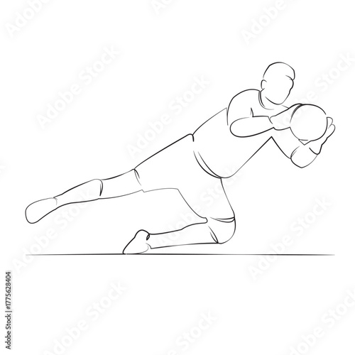 One continuous line drawing on white isolated background. Minimalism linear illustration. sport, football, soccer, game, person, goalkeeper, goalie, ball, goal, player
