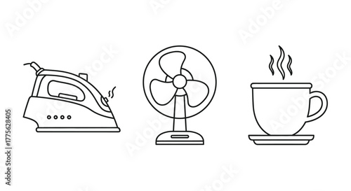 Simple line drawing of an iron fan and steaming cup of beverage
