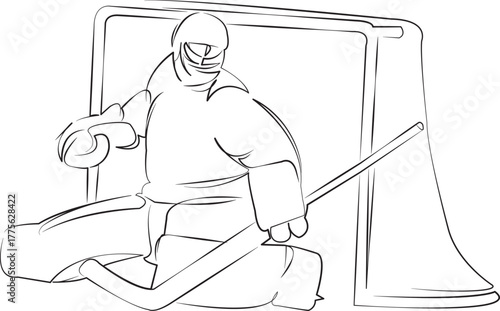 One continuous line drawing on white isolated background. Minimalism linear illustration. hockey, goalie, sport, ice, helmet, winter, person, goalkeeper, stick, equipment