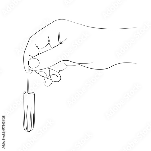 One continuous line drawing on white isolated background. Minimalism linear illustration. menses, woman, hand, tampon, period, female, hygiene, care, sanitary, intimate