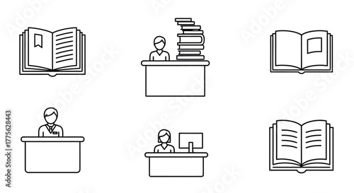 Line art icons depicting books librarians and study resources