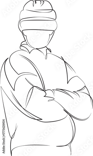 One continuous line drawing on white isolated background. Minimalism linear illustration. sport, person, hockey, player, helmet, ice, game, athlete, man, winter