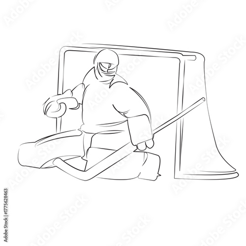 One continuous line drawing on white isolated background. Minimalism linear illustration. hockey, goalie, sport, ice, helmet, winter, person, goalkeeper, stick, equipment