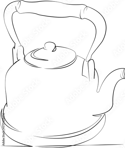 One continuous line drawing on white isolated background. Minimalism linear illustration. hot, kettle, metal, teapot, water, steam, boil, pot, tea, kitchen