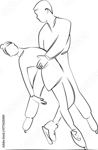 One continuous line drawing on white isolated background. Minimalism linear illustration. sport, performance, balance, ice, male, female, winter, motion, skater, competition