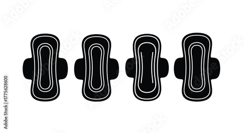 Four sanitary pads displayed in a row black and white illustration