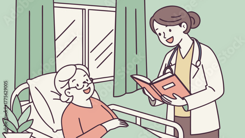 Flat illustration of a female doctor caring for an elderly woman in a hospital bed, representing senior healthcare, compassion, recovery, and supportive medical assistance
