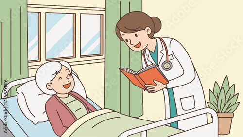 Flat illustration of a female doctor caring for an elderly woman in a hospital bed, representing senior healthcare, compassion, recovery, and supportive medical assistance