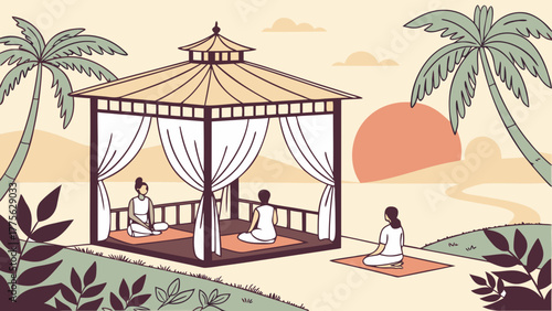 Retreat and group yoga lesson on sunset landscape. People sit in pose, asana meditate together in nature. Characters relax, care about mental health, harmony outdoors. Flat vector illustration