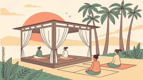 Retreat and group yoga lesson on sunset landscape. People sit in pose, asana meditate together in nature. Characters relax, care about mental health, harmony outdoors. Flat vector illustration