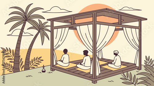 Retreat and group yoga lesson on sunset landscape. People sit in pose, asana meditate together in nature. Characters relax, care about mental health, harmony outdoors. Flat vector illustration