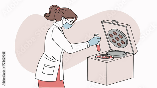 Female scientist in laboratory wearing mask and gloves placing test tube sample into centrifuge machine for medical diagnostics, biology research, and clinical analysis. Flat vector illustration