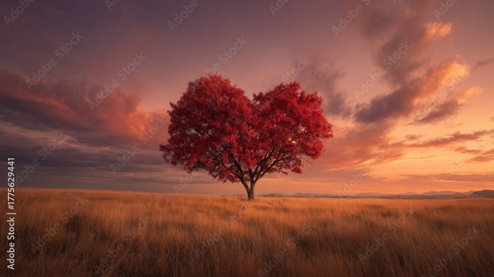 Fototapeta premium A heart-shaped red tree stands in a golden field at sunset, glowing against a colorful sky in a warm and romantic scene.