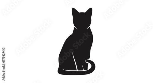 Silhouette of a black cat sitting upright with its tail curled, against a white background.
