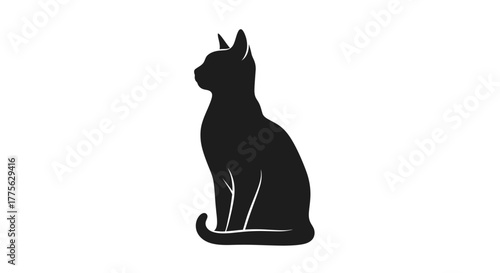 Silhouette of a black cat sitting upright, viewed from the side, against a white background.