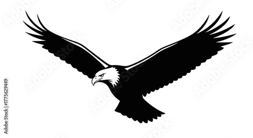 A black and white vector image of a bald eagle in flight with its wings spread wide.